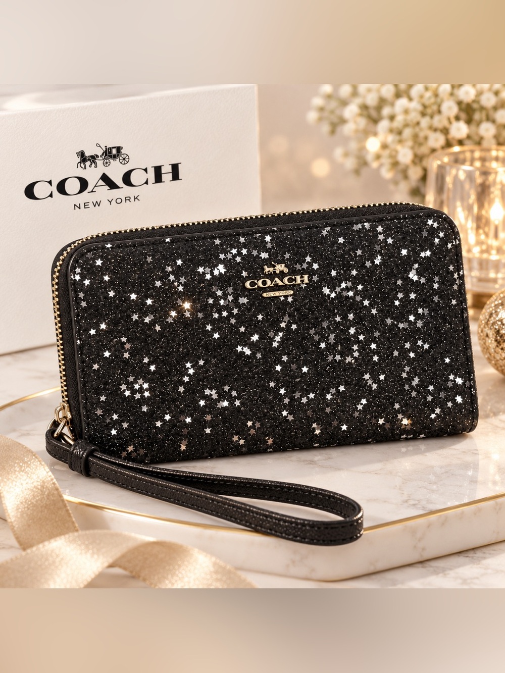 Coach Black Glitter Star Zip Around Wristlet Wallet Y2K Luxe Designer